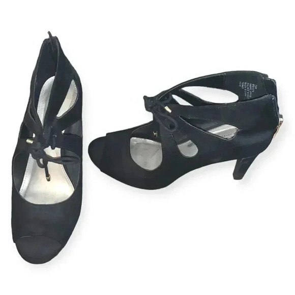 a.n.a Black Lace Up Cutout Zip Up Peep Toe Pump Heel Sandals Womens - Picture 1 of 3
